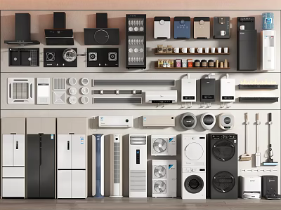 Diverse Collection of Household Appliances Showcasing Refrigerators Washers Microwaves And Air Conditioners 3d model