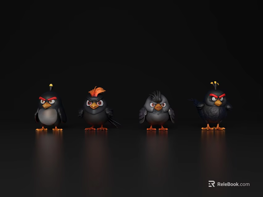 Four Angry Cartoon Birds Standing On Black Background With Orange Light Effects 3d model 