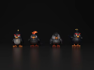 Four Angry Cartoon Birds Standing On Black Background With Orange Light Effects 3d model