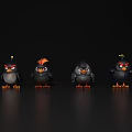 Four Angry Cartoon Birds Standing On Black Background With Orange Light Effects