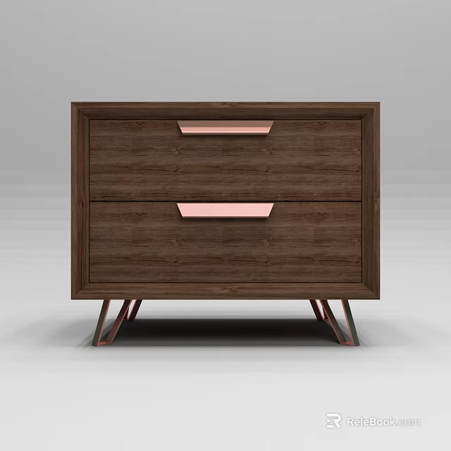 Modern Wooden Nightstand with Two Drawers Pink Handles and Metal Legs 3d model 