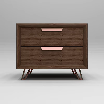 Modern Wooden Nightstand with Two Drawers Pink Handles and Metal Legs 3d model