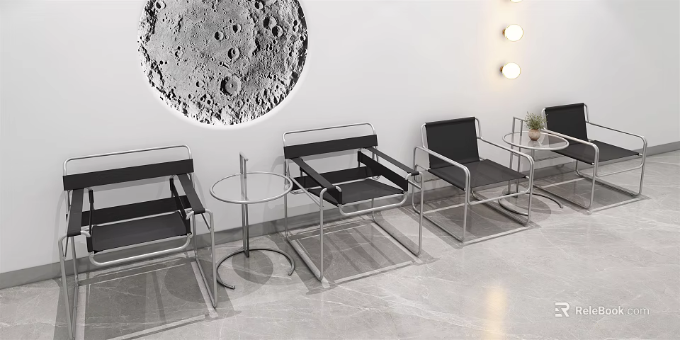 Modern Leisure Sofa Set With Metal Frame Black Cushion Glass Coffee Table Moon Wall Art And Wall Lamp 3d model 