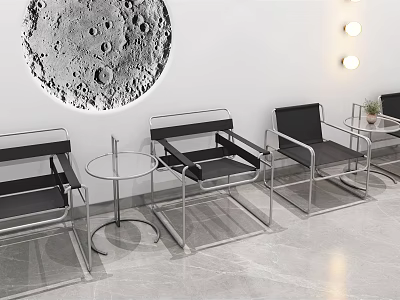 Modern Leisure Sofa Set With Metal Frame Black Cushion Glass Coffee Table Moon Wall Art And Wall Lamp 3d model