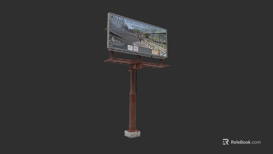 Outdoor Billboard With Scenic Landscape Display On Rustic Metal Pole And Concrete Base 3d model 