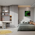 Modern Kids Room Interior with Bed Drum Set Study Desk Bookshelf and City View Window