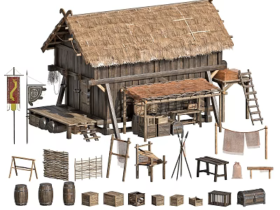 Traditional Thatched House With Wooden Ladder Barrels Tables Bamboo Fences And Clothesline 3d model