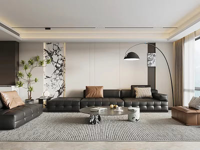 Modern Living Room Interior With Black Leather Sofa Area Rug Floor Lamp And Decorative Painting 3d model