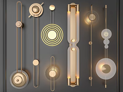 Modern Decorative Wall Lamps With Circular And Strip Designs In Golden Metallic Finish 3d model