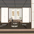 Japanese Tatami Bedroom With Shoji Doors Grid Ceiling Scroll Paintings Low Table And Floor Cushions