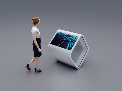 Public Facility Hexagonal Interactive Kiosk With Digital Touch Screen And Woman Using 3d model