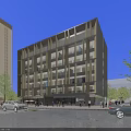 Modern Multi Story Hotel Building With Glass Facade In Urban Setting With Pedestrians And Cars