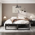 Modern Bedroom Interior With Bed Bedding Table Lamps Pendant Light Wall Art And Window Curtains