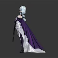 Game Character Wearing Purple White Outfit With Silver Hair Yellow Eyes Long Cape Black Stockings