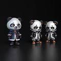 Three Cute Panda Dolls Wearing Different Outfits On Black Background 3d model