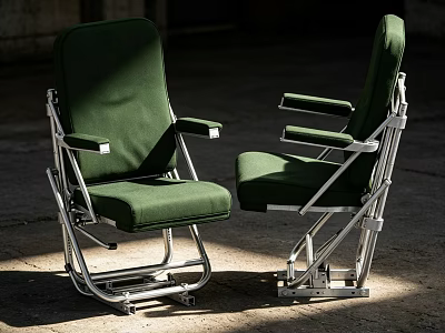 Green Folding Chairs With Metal Frame And Green Upholstery In Sunlit Outdoor Area 3d model