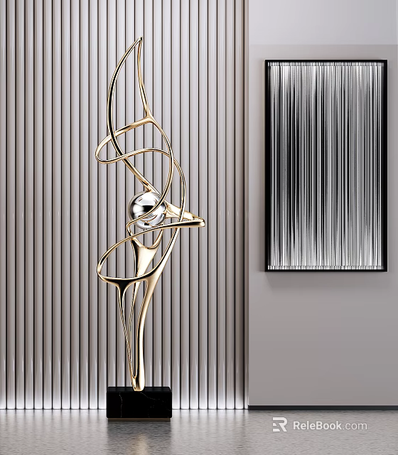 Modern Golden Sculpture Decor On Grey Striped Wall With Black And White Striped Painting 3d model 