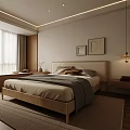 Minimalist Bedroom Interior With Wooden Bed Nightstand Hanging Lamp And Framed