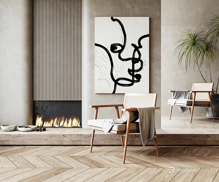 Modern Comfortable Lounge Chair In Living Room With Fireplace Abstract Painting And Wooden Floor 3d model 