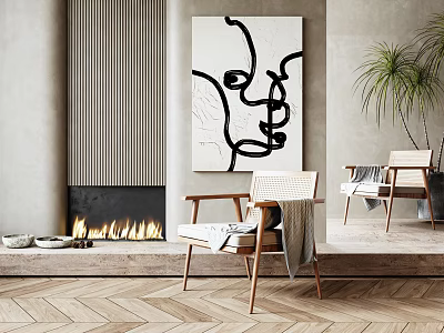 Modern Comfortable Lounge Chair In Living Room With Fireplace Abstract Painting And Wooden Floor 3d model