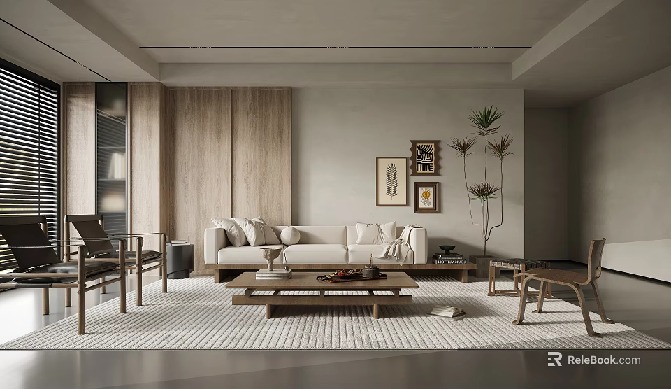Modern Living Room Interior With Beige Sofa Wooden Coffee Table And Wall Art Plants 3d model 