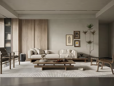 Modern Living Room Interior With Beige Sofa Wooden Coffee Table And Wall Art Plants 3d model
