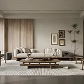 Modern Living Room Interior With Beige Sofa Wooden Coffee Table And Wall Art Plants