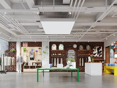Modern Clothing Store Interior With Brick Wall Clothing Racks Decorative Clocks And Green Display Table 3d model