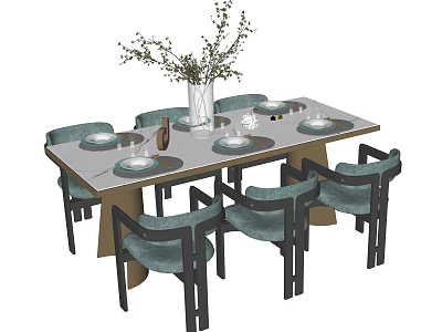 Dining Table Set with Six Chairs Gray Tabletop Blue Upholstered Seats Vase Greenery and Tableware 3d model