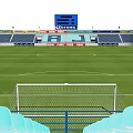 Modern Soccer Stadium With Green Turf Seats Blue Stands Roof And Trees