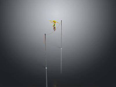 Hanging Yellow Green Bow Weapon Between Two Silver Poles On Grey Background 3d model