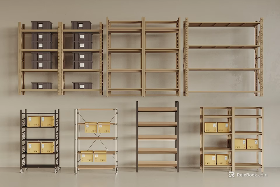 Multiple Display Shelves Featuring Wooden Metal Frames Multi Tier Open Design and Storage Boxes 3d model 