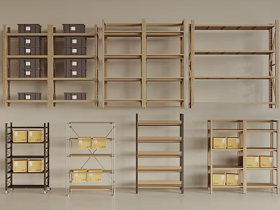 Multiple Display Shelves Featuring Wooden Metal Frames Multi Tier Open Design and Storage Boxes 3d model