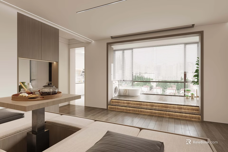 Light Tone Modern Minimalist Living Room With Large Bay Window And Warm Wood Flooring 3d model 