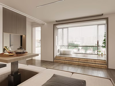 Light Tone Modern Minimalist Living Room With Large Bay Window And Warm Wood Flooring 3d model