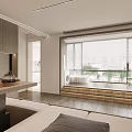 Light Tone Modern Minimalist Living Room With Large Bay Window And Warm Wood Flooring