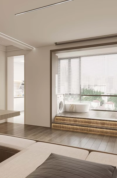 Light Tone Modern Minimalist Living Room With Large Bay Window And Warm Wood Flooring 3d model