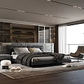Modern Double Bed In Stylish Bedroom With Bookshelves Glass Door Cabinets And Accent Chair