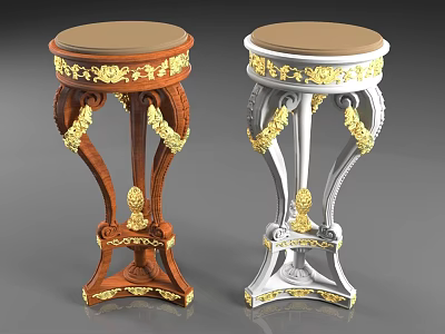 Ornate Brown and White Stools with Round Seats and Golden Decorative Accents 3d model