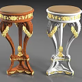 Ornate Brown and White Stools with Round Seats and Golden Decorative Accents