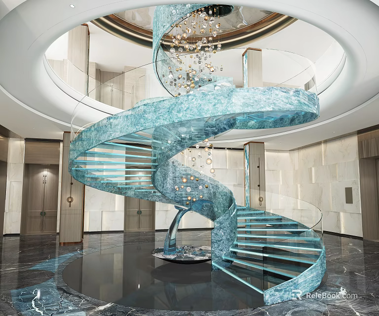 Luxurious Modern Spiral Staircase In Lobby With Blue Marble And Glass Railing 3d model 