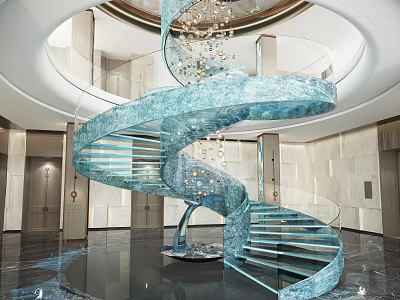 Luxurious Modern Spiral Staircase In Lobby With Blue Marble And Glass Railing 3d model