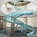 Luxurious Modern Spiral Staircase In Lobby With Blue Marble And Glass Railing