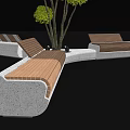 Wooden Landscape Seats With Curved Design And Central Tree In Outdoor Setting