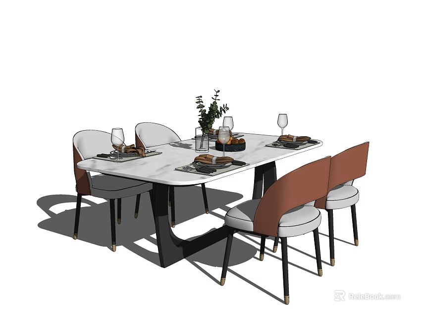 Modern Dining Table Set With Marble Top Brown Backrest Light Seat Chairs And Decorative Items 3d model