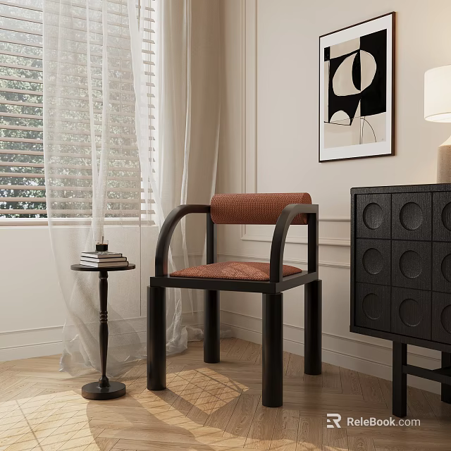 Stylish Black Frame Dining Chair with Orange Cushion Near Window Curtain and Side Table Books 3d model 