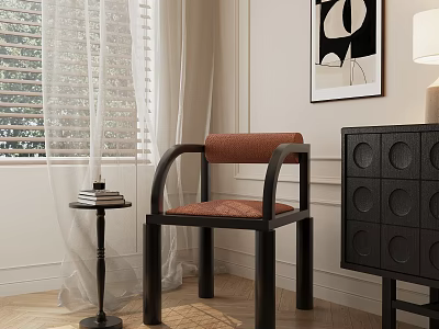 Stylish Black Frame Dining Chair with Orange Cushion Near Window Curtain and Side Table Books 3d model