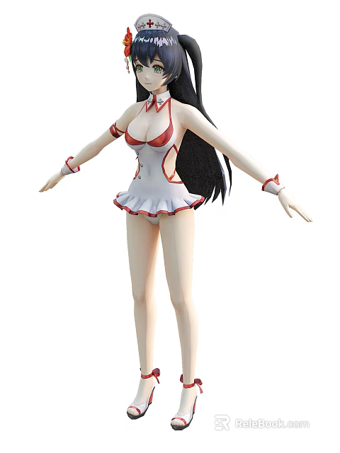Woman in White Dress with Red Accents Sleeveless Ruffled Skirt Long Black Hair Arm Cuffs 3d model 