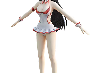 Woman in White Dress with Red Accents Sleeveless Ruffled Skirt Long Black Hair Arm Cuffs 3d model