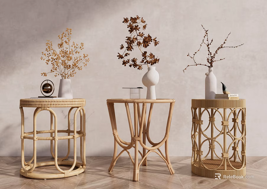 Elegant Rattan Side Tables With Decorative Vases And Green Plants 3d model 